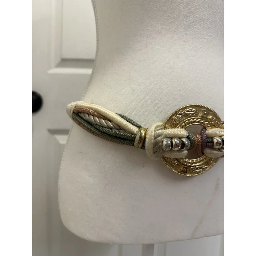 Vtg 80s Fashion Multi Colored Gold Disk Corded Beaded Stretch Belt M/L Statement